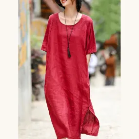 2018 red embroider fabric long linen dress plus size o neck side open traveling dress vintage half sleeve baggy dresses