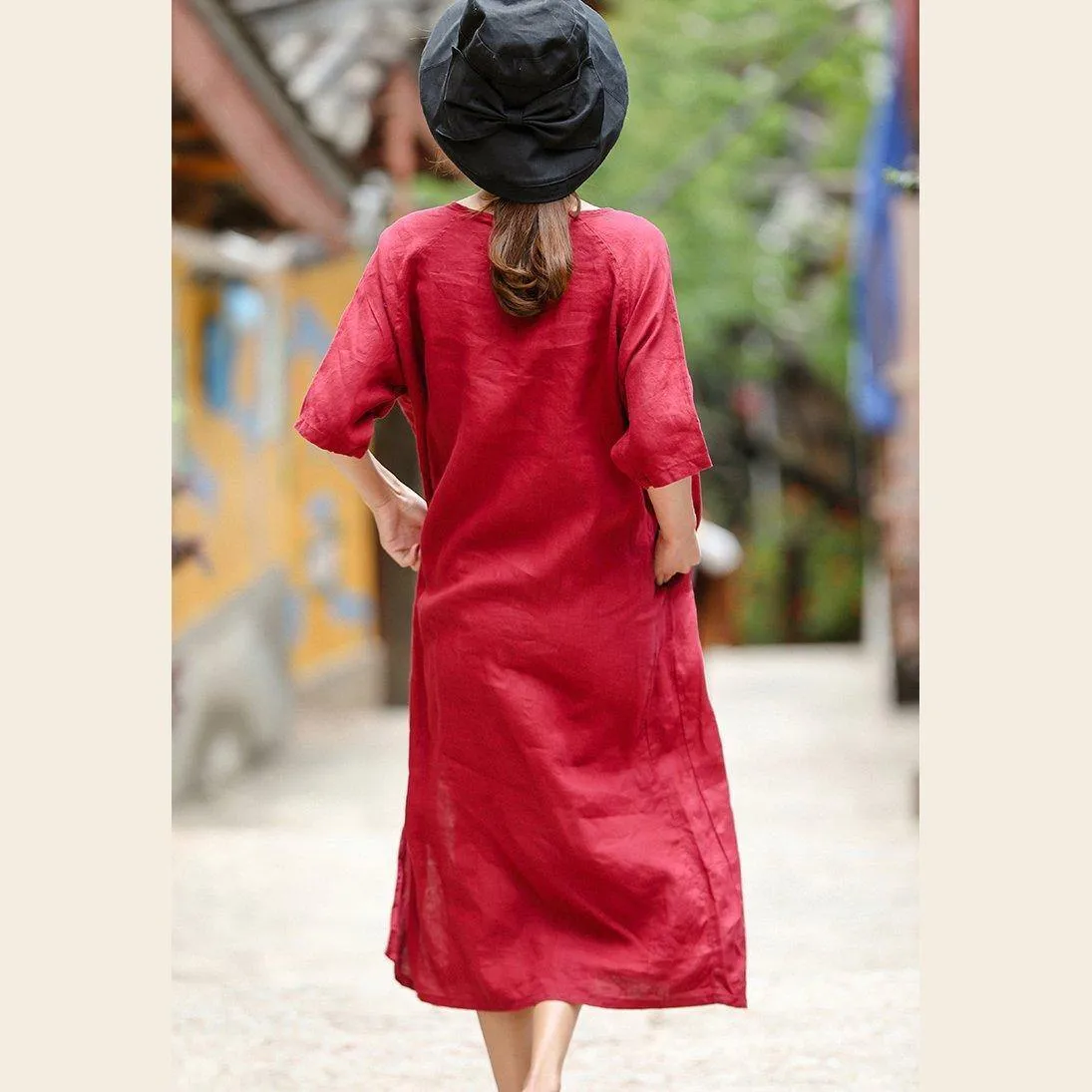 2018 red embroider fabric long linen dress plus size o neck side open traveling dress vintage half sleeve baggy dresses