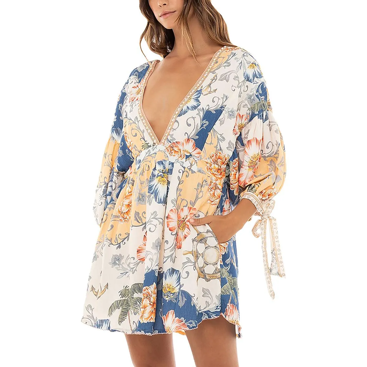 Agua Bendita Womens Mini Floral Print Babydoll Dress