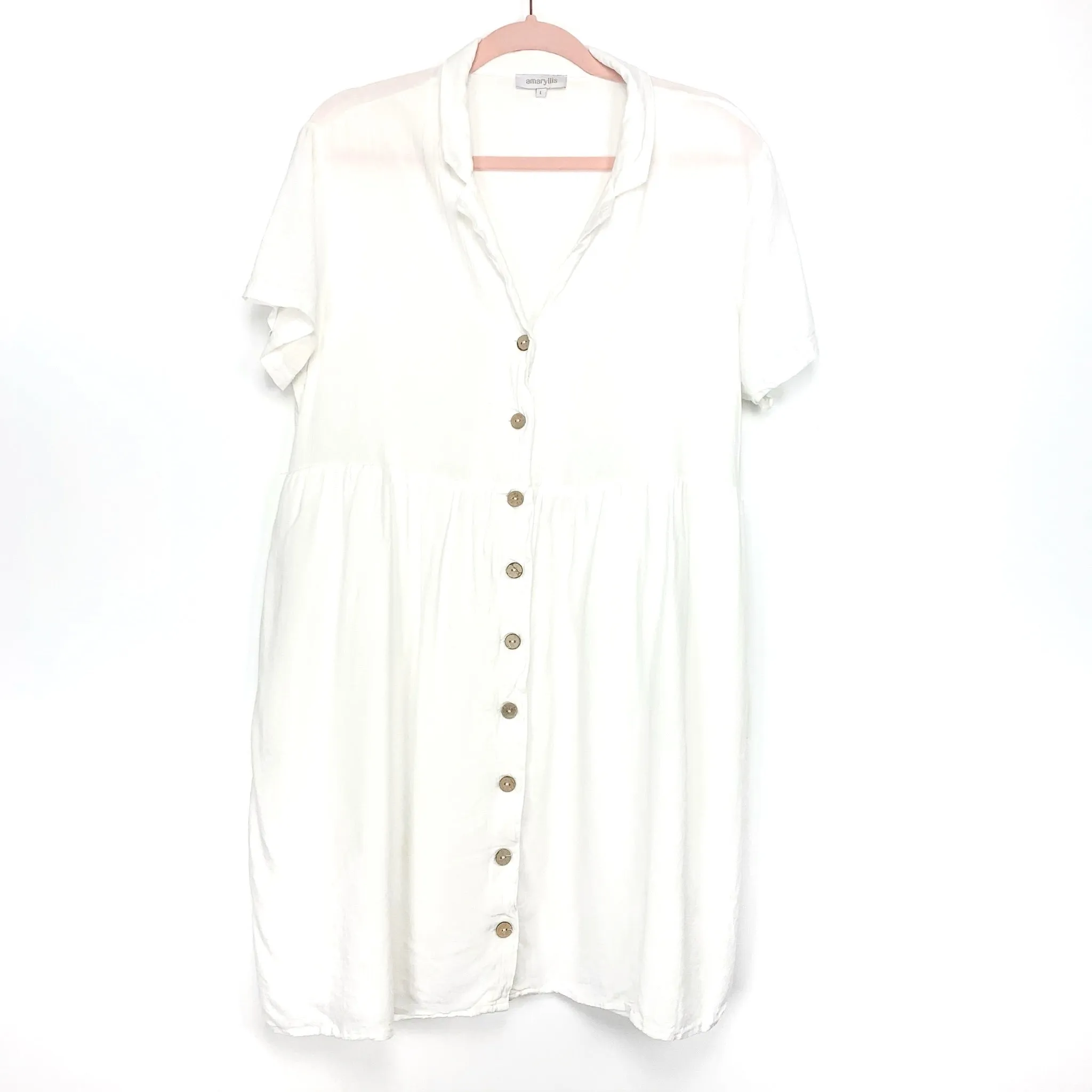 Amaryllis White Collared Button Up Babydoll Dress- Size L