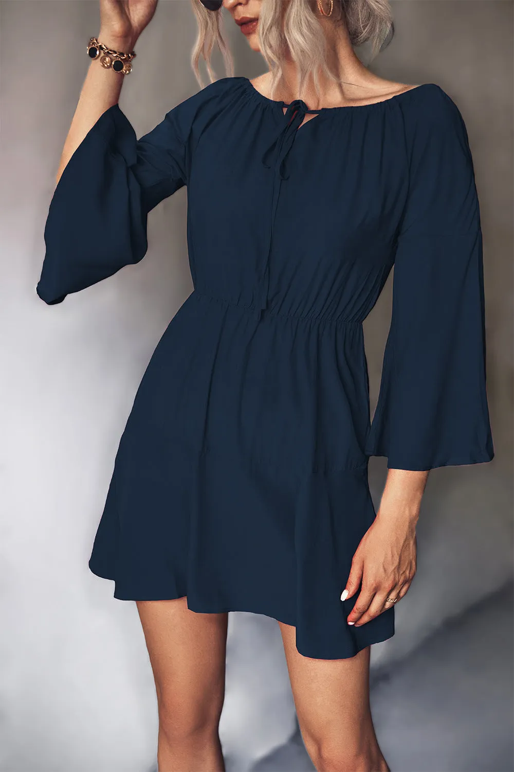 *APP EXCLUSIVE* Tie Neck Flare Sleeve Mini Dress