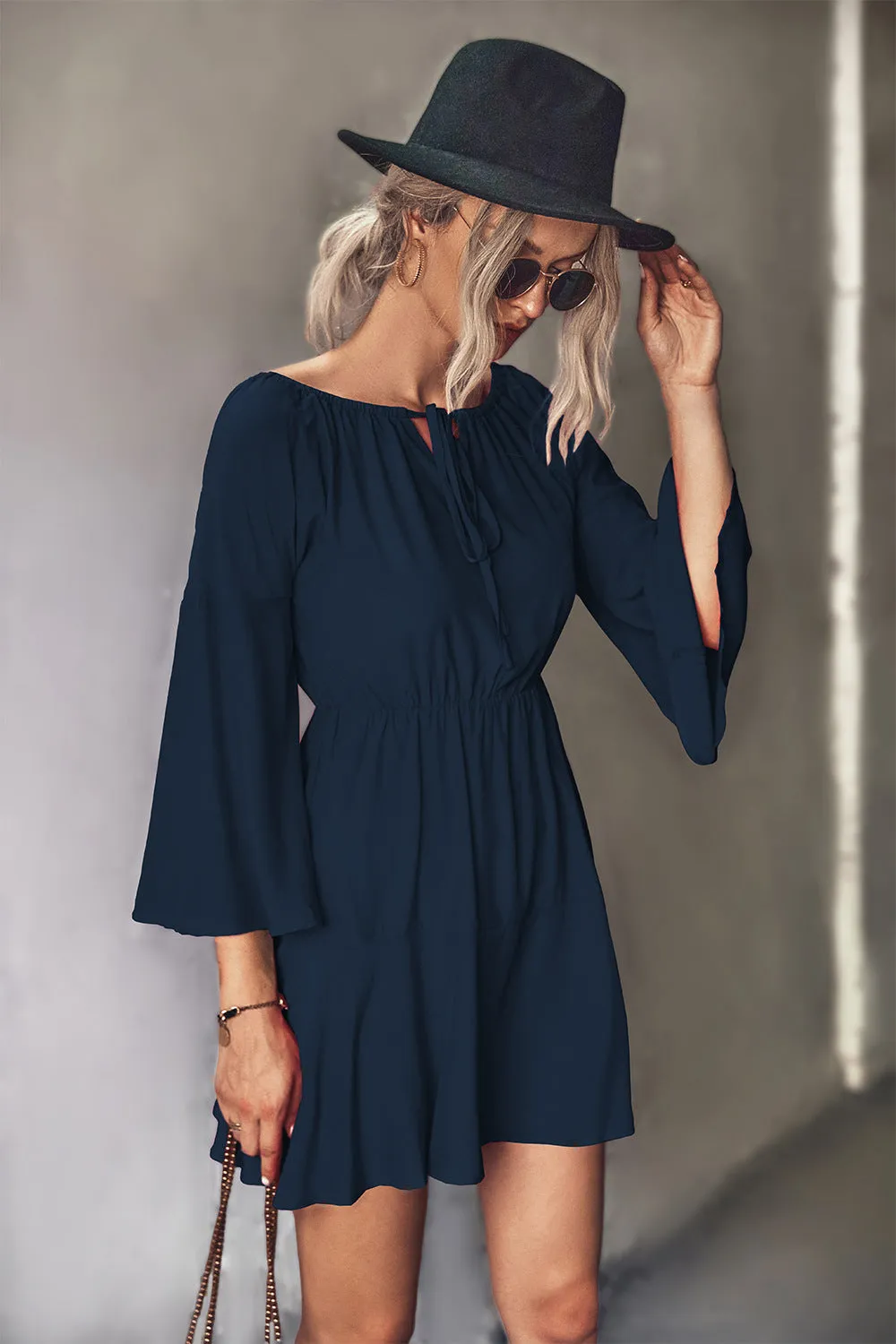 *APP EXCLUSIVE* Tie Neck Flare Sleeve Mini Dress