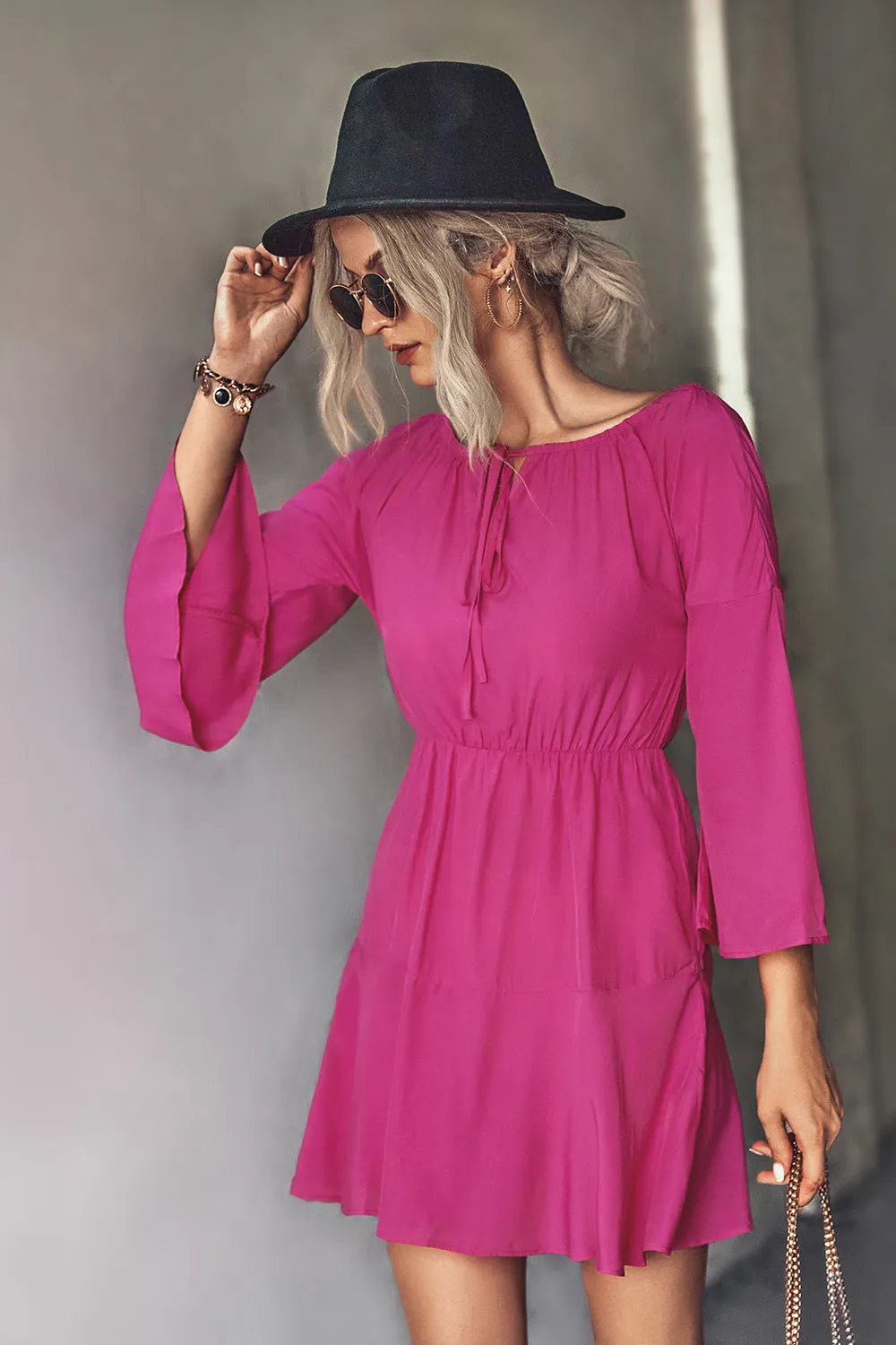 *APP EXCLUSIVE* Tie Neck Flare Sleeve Mini Dress