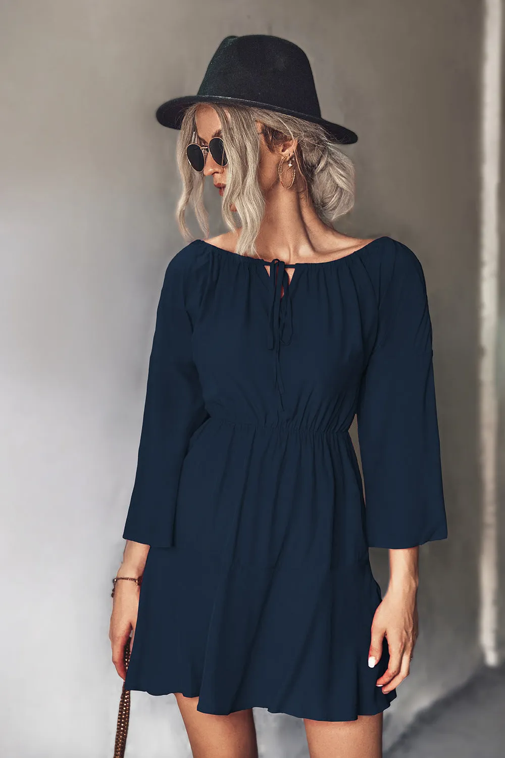 *APP EXCLUSIVE* Tie Neck Flare Sleeve Mini Dress