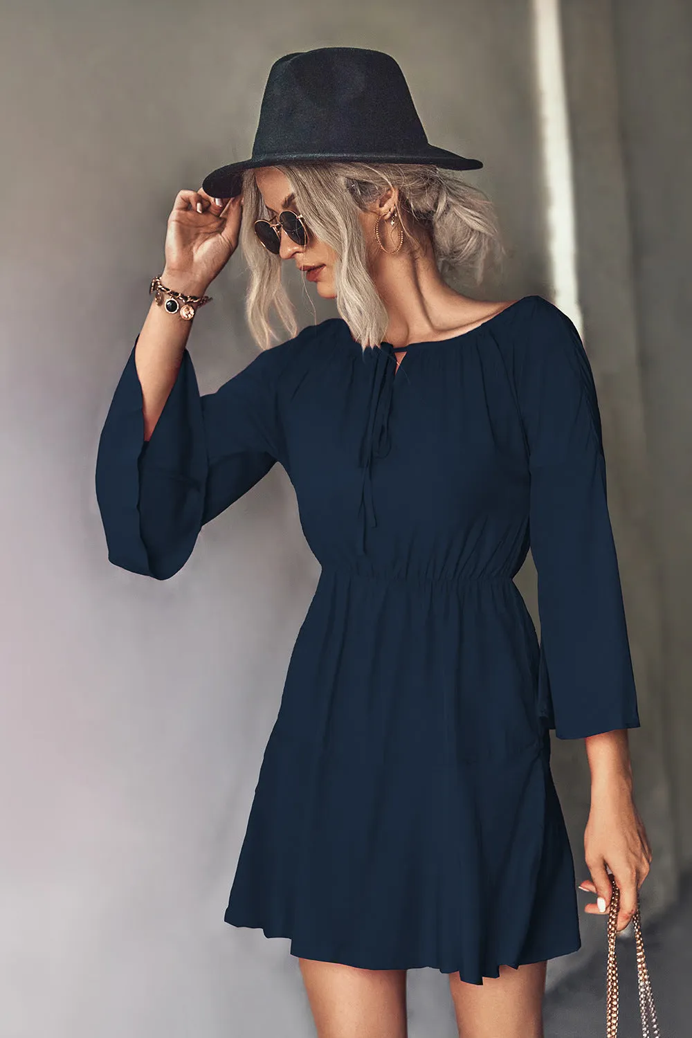 *APP EXCLUSIVE* Tie Neck Flare Sleeve Mini Dress