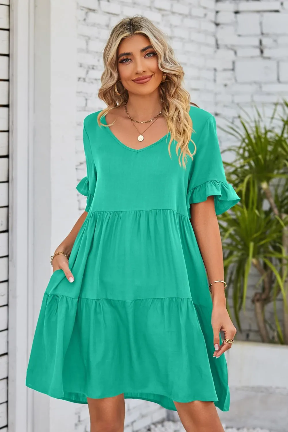 *APP EXCLUSIVE* Vneck Flounce Sleeve Tiered Dress