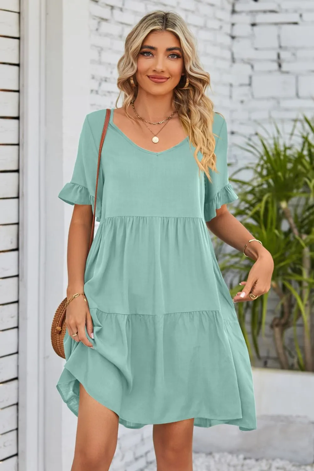 *APP EXCLUSIVE* Vneck Flounce Sleeve Tiered Dress