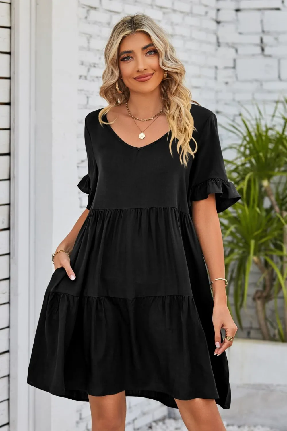 *APP EXCLUSIVE* Vneck Flounce Sleeve Tiered Dress