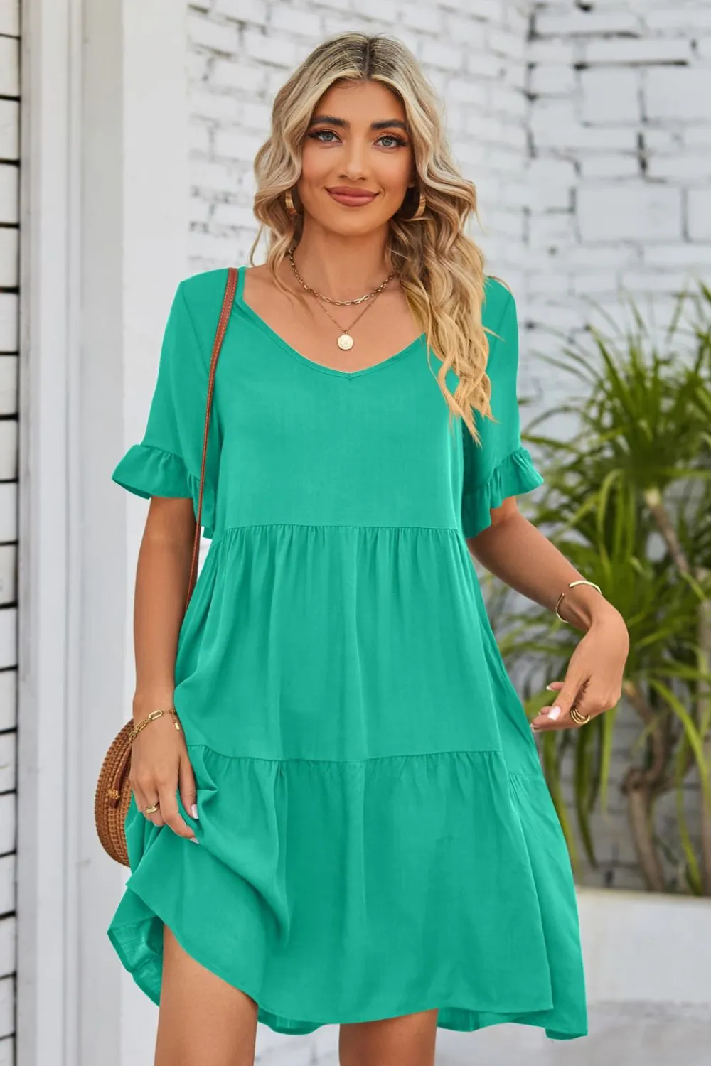 *APP EXCLUSIVE* Vneck Flounce Sleeve Tiered Dress