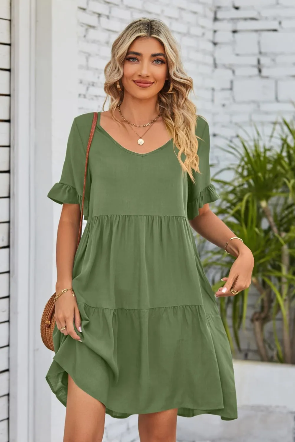 *APP EXCLUSIVE* Vneck Flounce Sleeve Tiered Dress