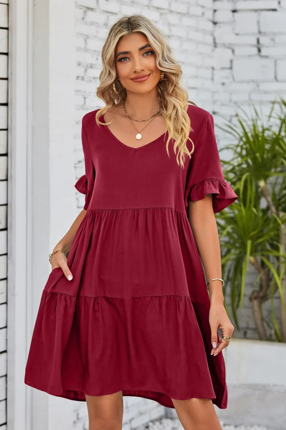 *APP EXCLUSIVE* Vneck Flounce Sleeve Tiered Dress