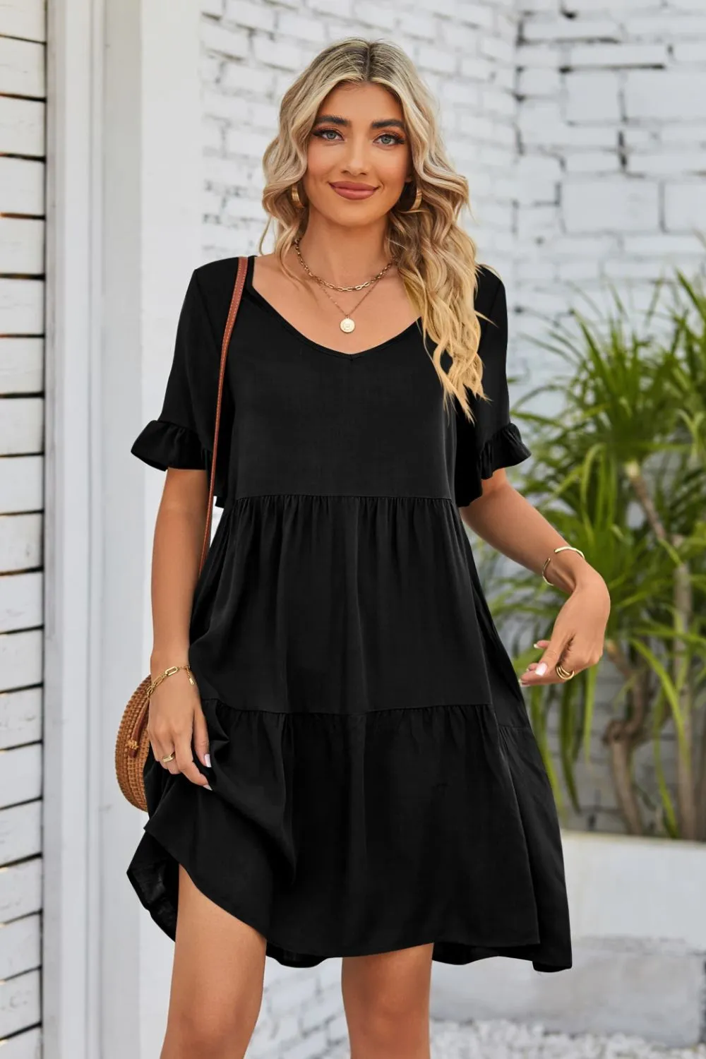 *APP EXCLUSIVE* Vneck Flounce Sleeve Tiered Dress