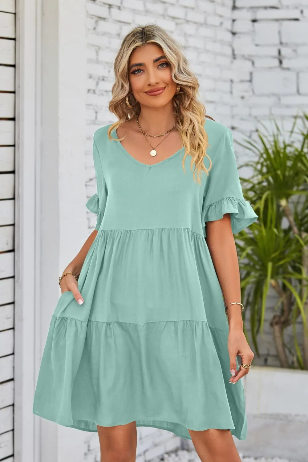 *APP EXCLUSIVE* Vneck Flounce Sleeve Tiered Dress