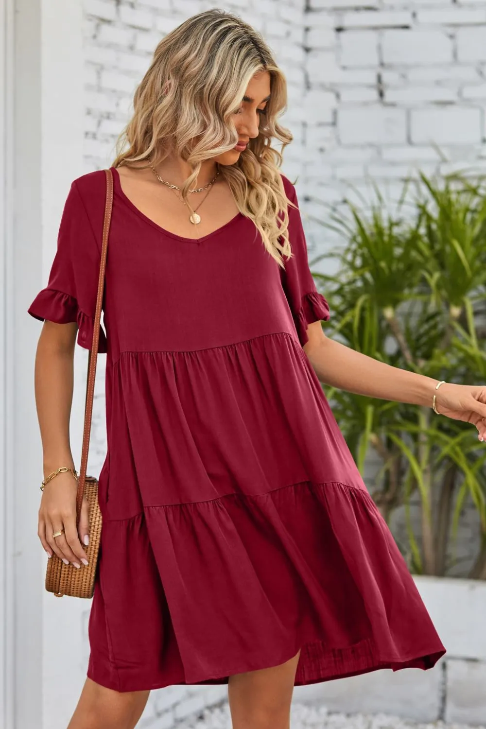 *APP EXCLUSIVE* Vneck Flounce Sleeve Tiered Dress