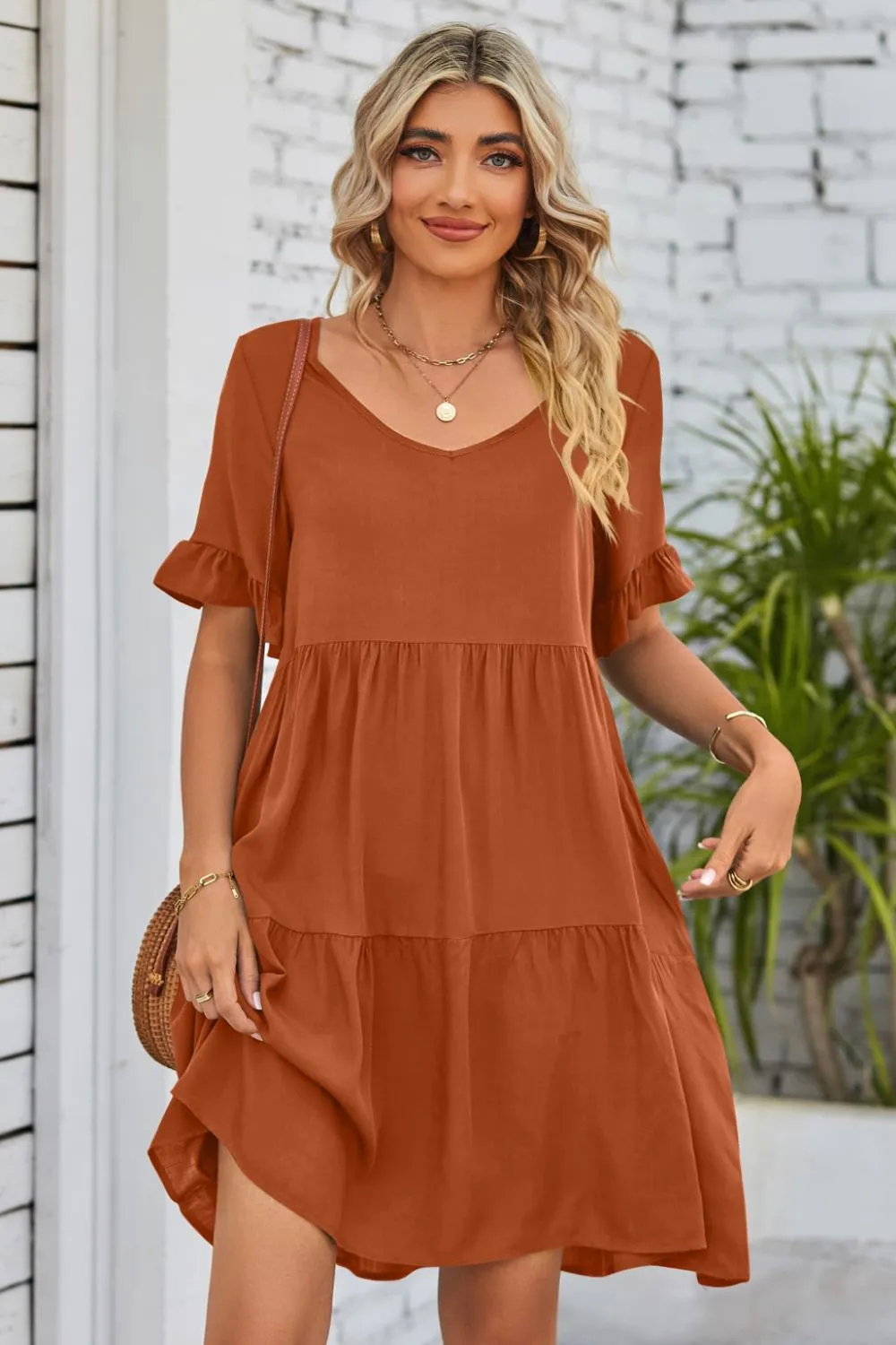 *APP EXCLUSIVE* Vneck Flounce Sleeve Tiered Dress