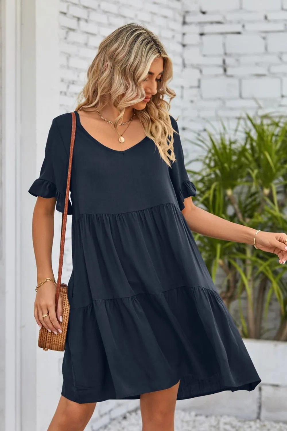 *APP EXCLUSIVE* Vneck Flounce Sleeve Tiered Dress