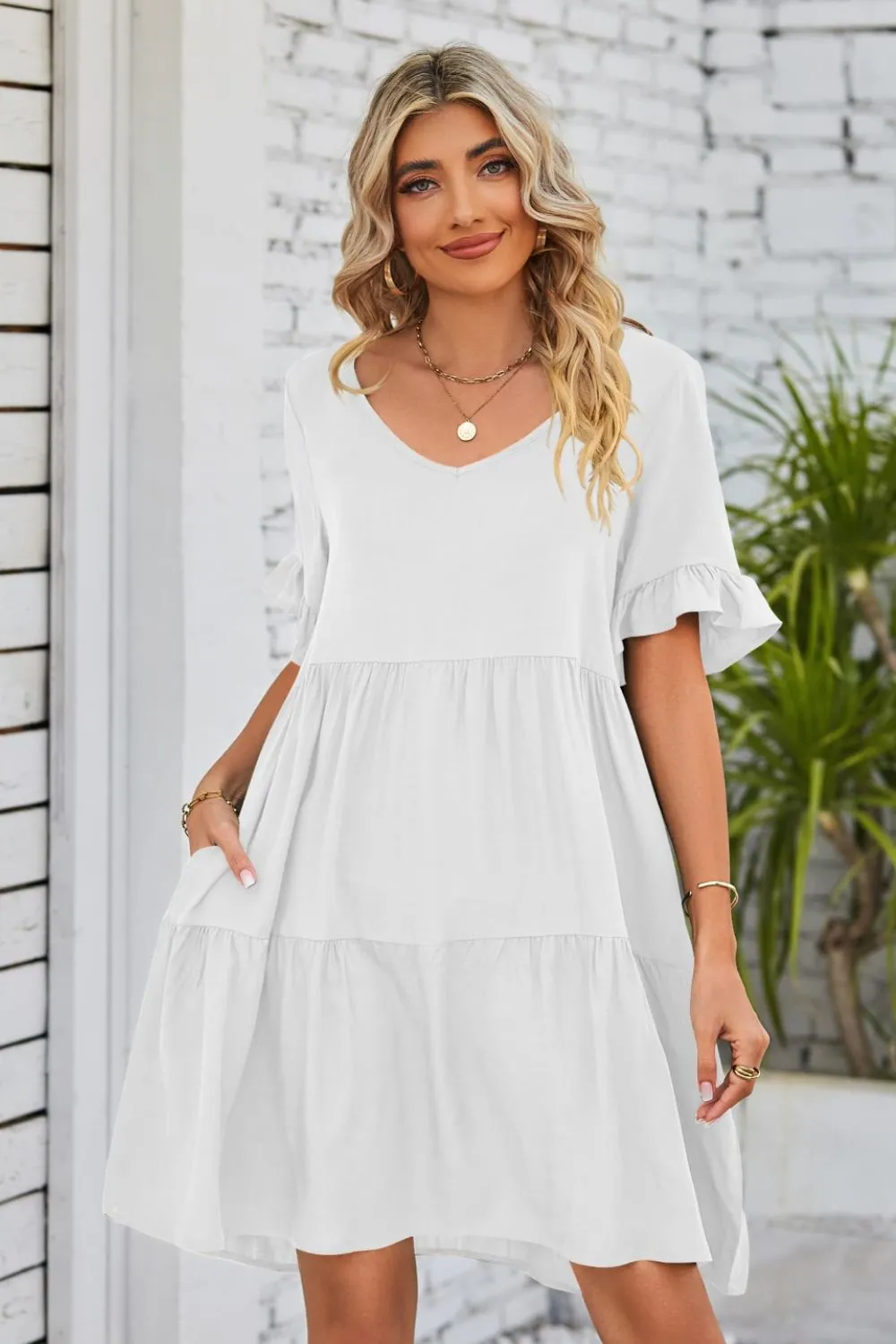 *APP EXCLUSIVE* Vneck Flounce Sleeve Tiered Dress