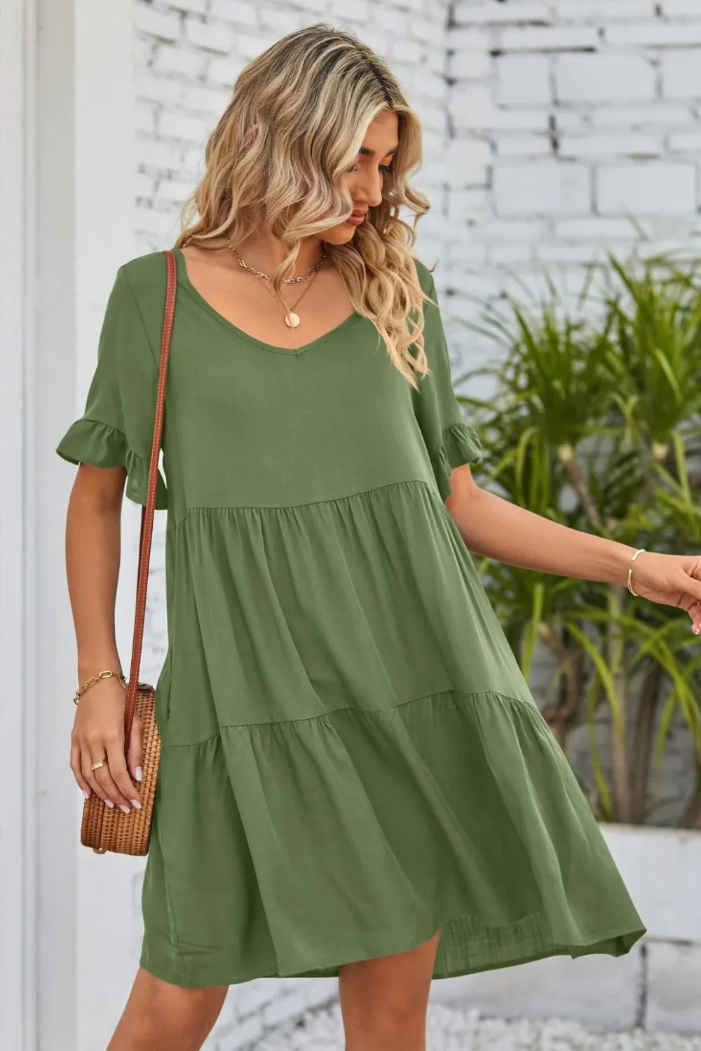 *APP EXCLUSIVE* Vneck Flounce Sleeve Tiered Dress