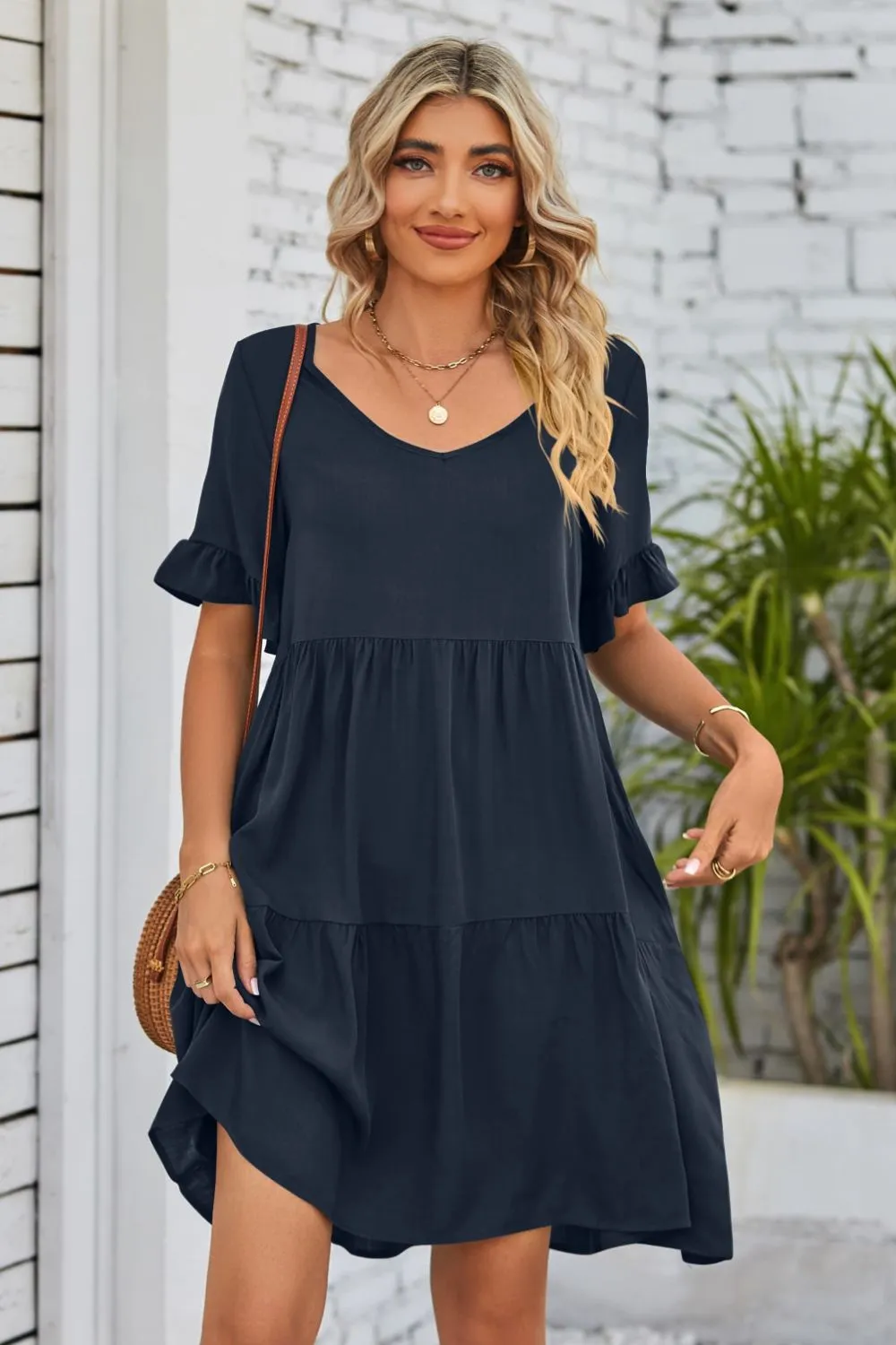 *APP EXCLUSIVE* Vneck Flounce Sleeve Tiered Dress