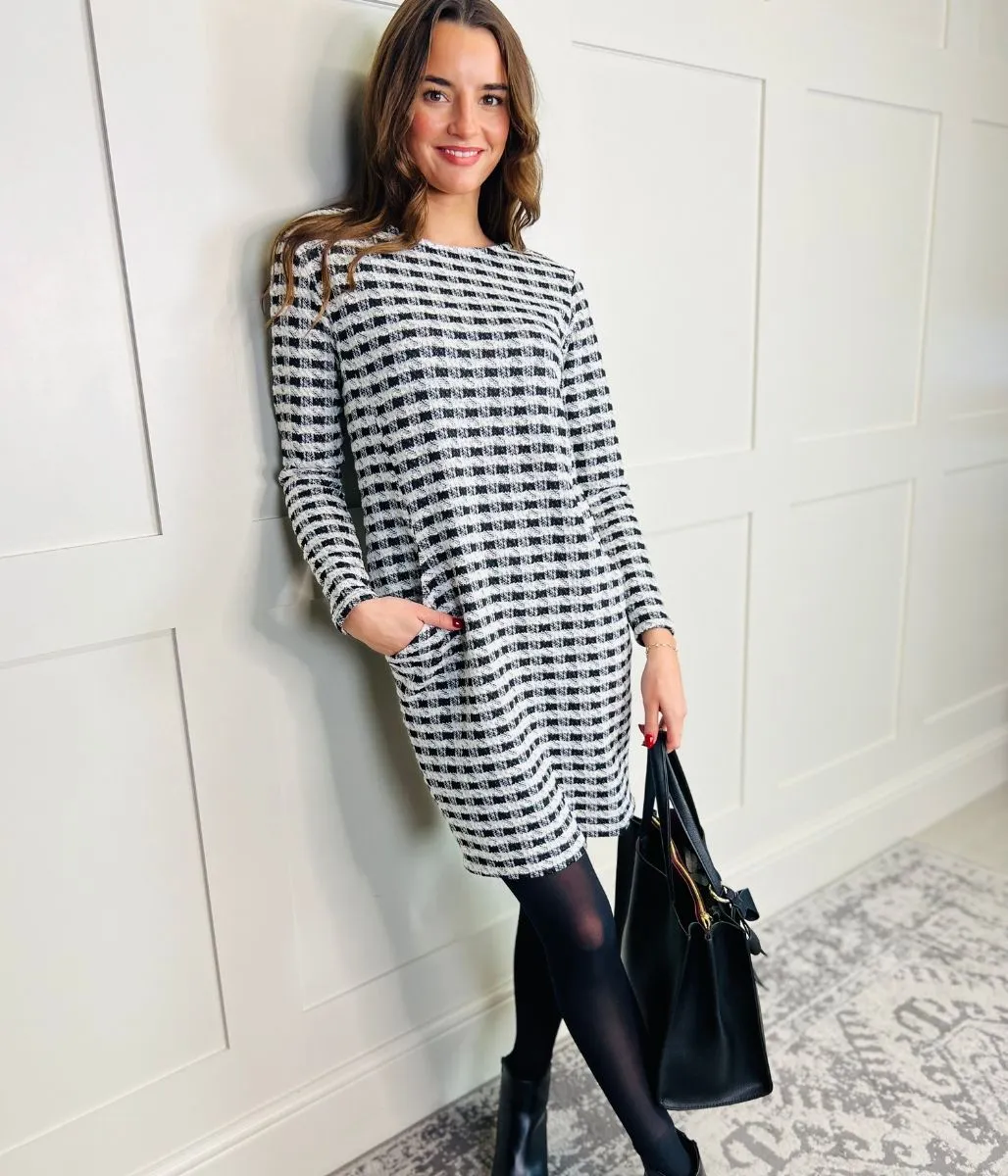 Black & White Check Metallic Shift Dress