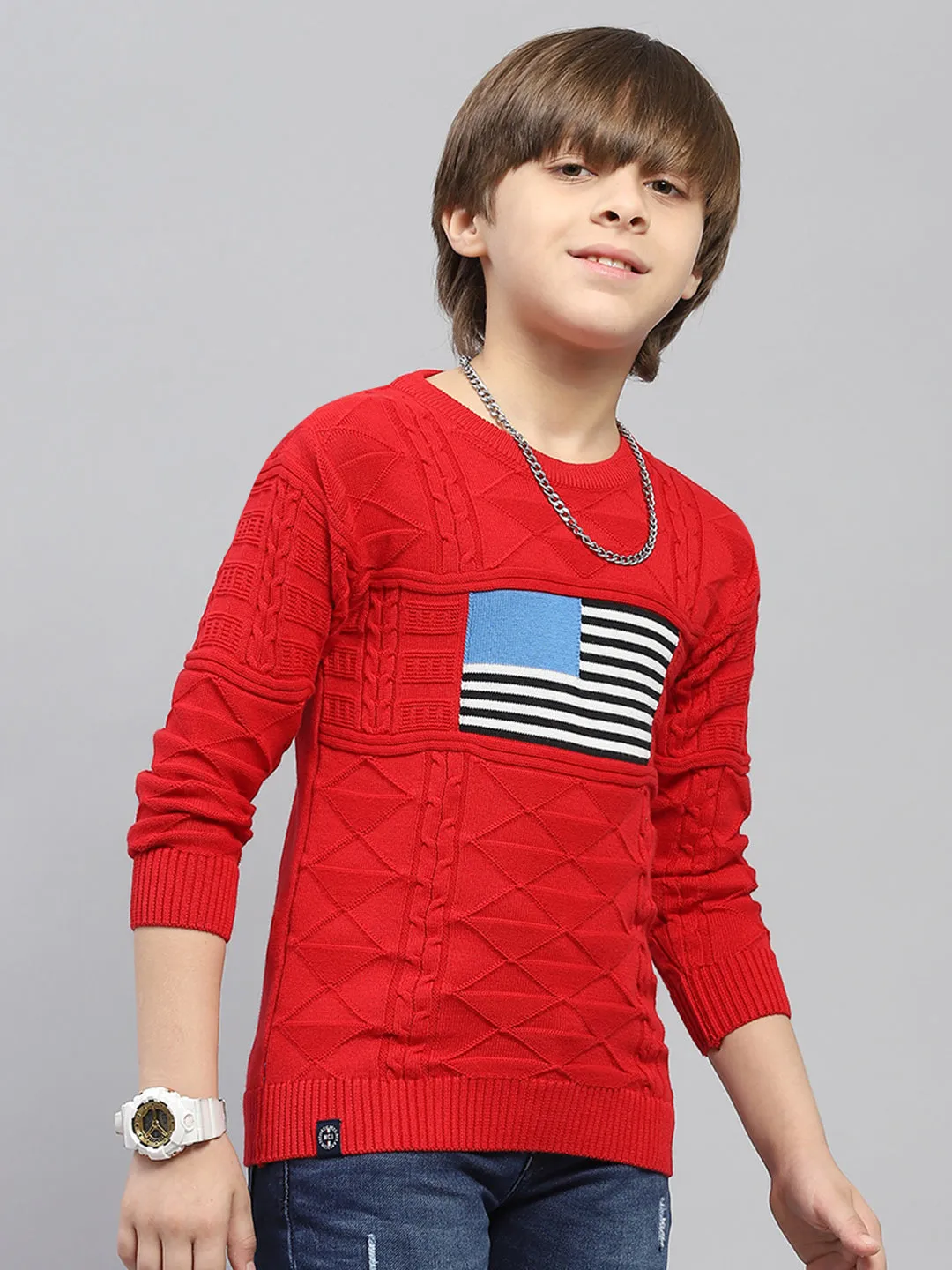 Boys Red Self Design Round Neck Full Sleeve Pullover