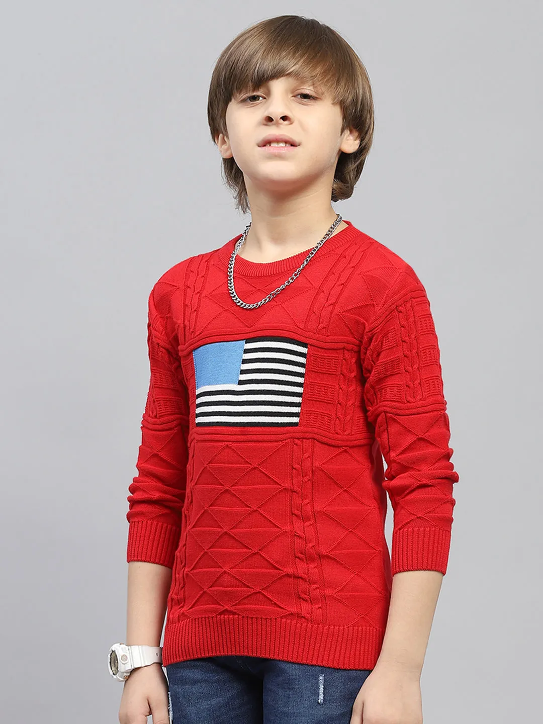 Boys Red Self Design Round Neck Full Sleeve Pullover