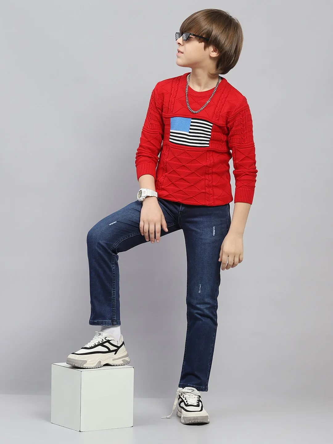 Boys Red Self Design Round Neck Full Sleeve Pullover