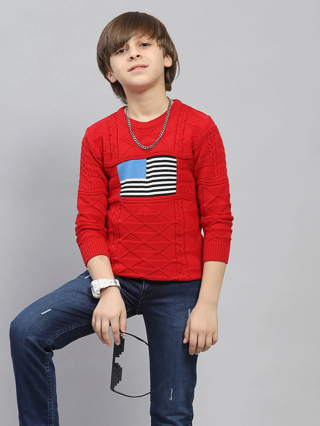 Boys Red Self Design Round Neck Full Sleeve Pullover