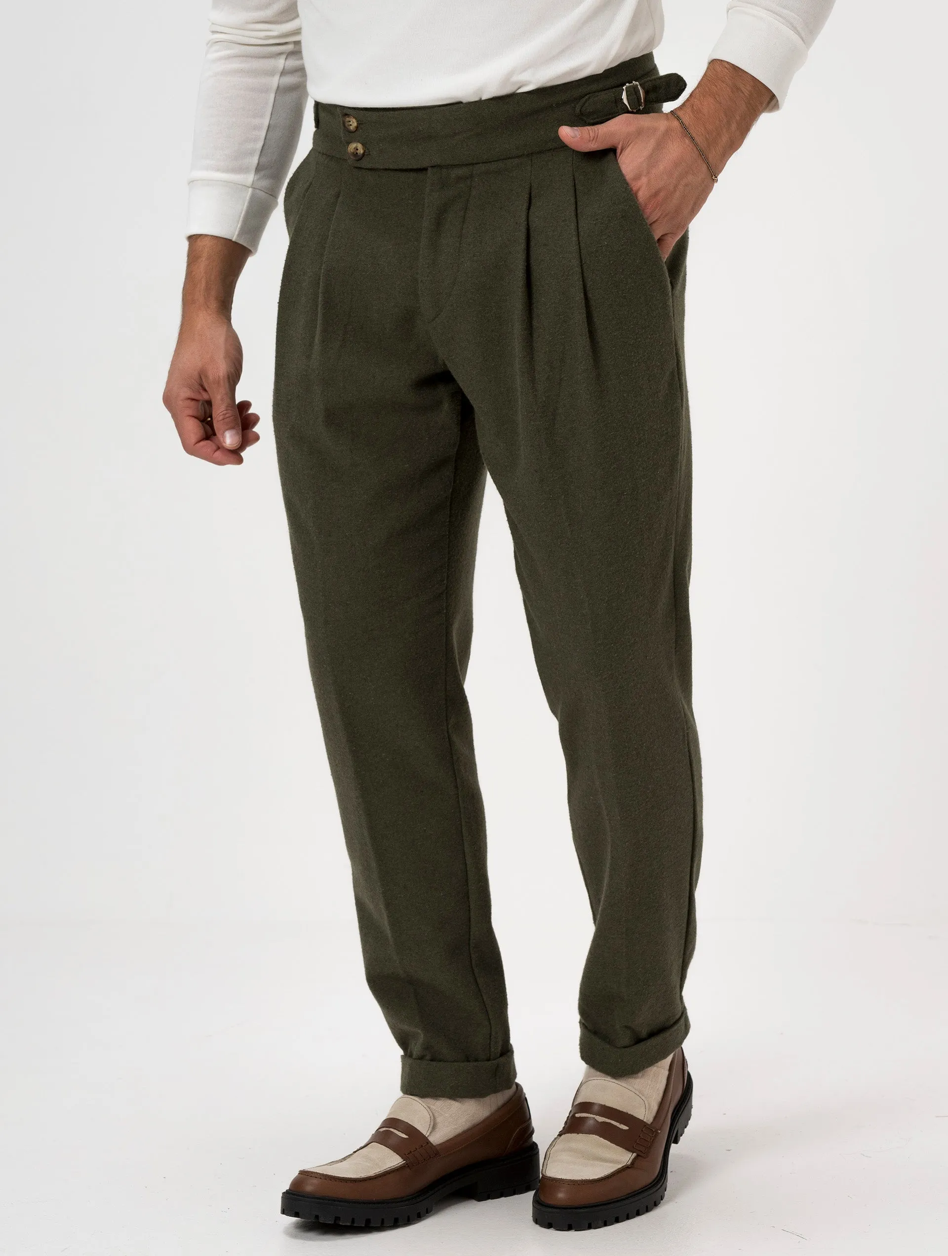 CALEB FLANNEL DOUBLE PINCES PANTS IN GREEN