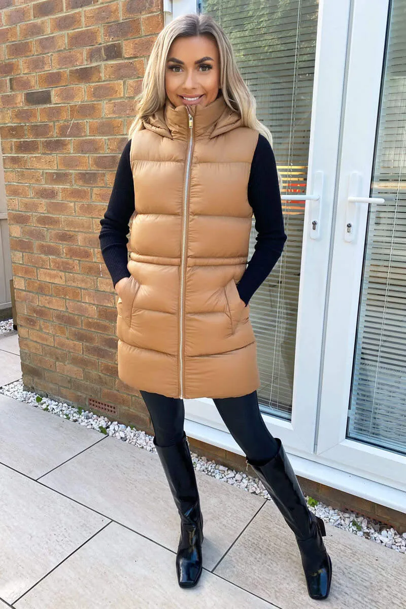 Camel Drawstring Hooded Gilet