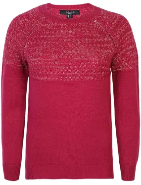 Carnation Knitted Jumper with Cross Stitch Gold Lurex Panel in Damson - Amara Reya