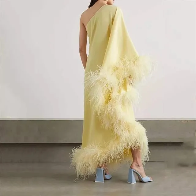 Casual Dress Ostrich Feather- trimmed Crepe Maxi Pretty Party Pastel Yellow Rayon Feather Party Dress 5MVE54