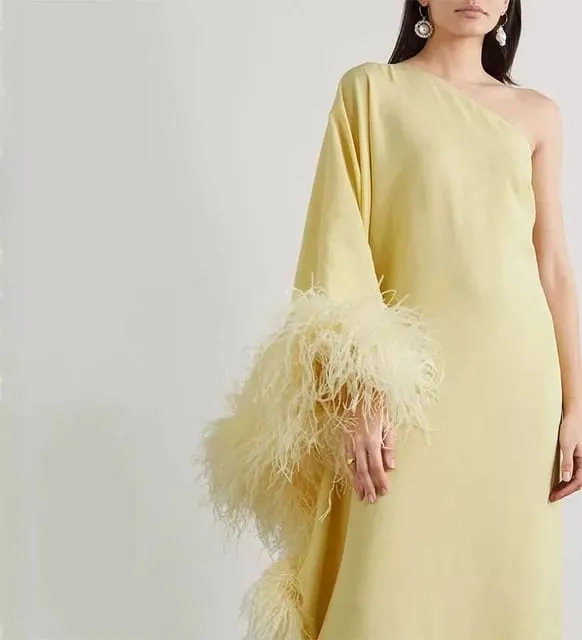 Casual Dress Ostrich Feather- trimmed Crepe Maxi Pretty Party Pastel Yellow Rayon Feather Party Dress 5MVE54