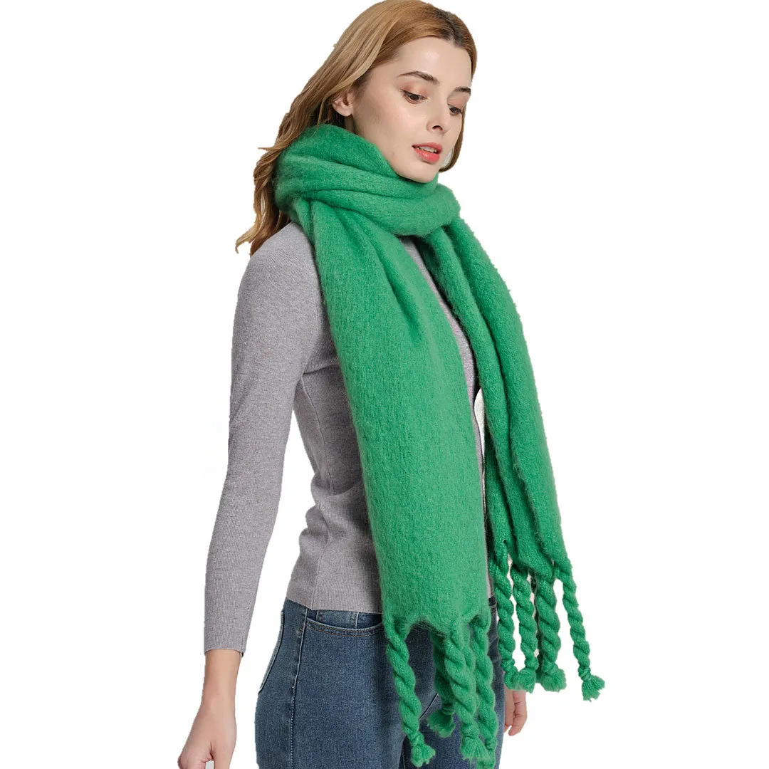 Comfy Solid Green Twisted Fringe Chunky Boucle Knit Scarf