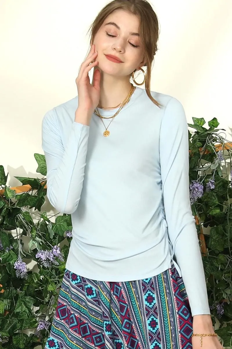 CREW NECK LONG SLEEVE LACE-UP STRING SHIRRING TOP