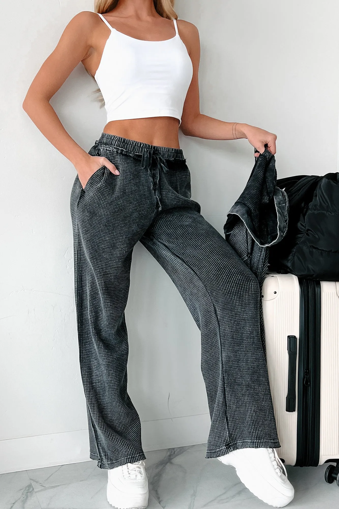 Distancing Myself Waffle Knit Lounge Pants (Black)