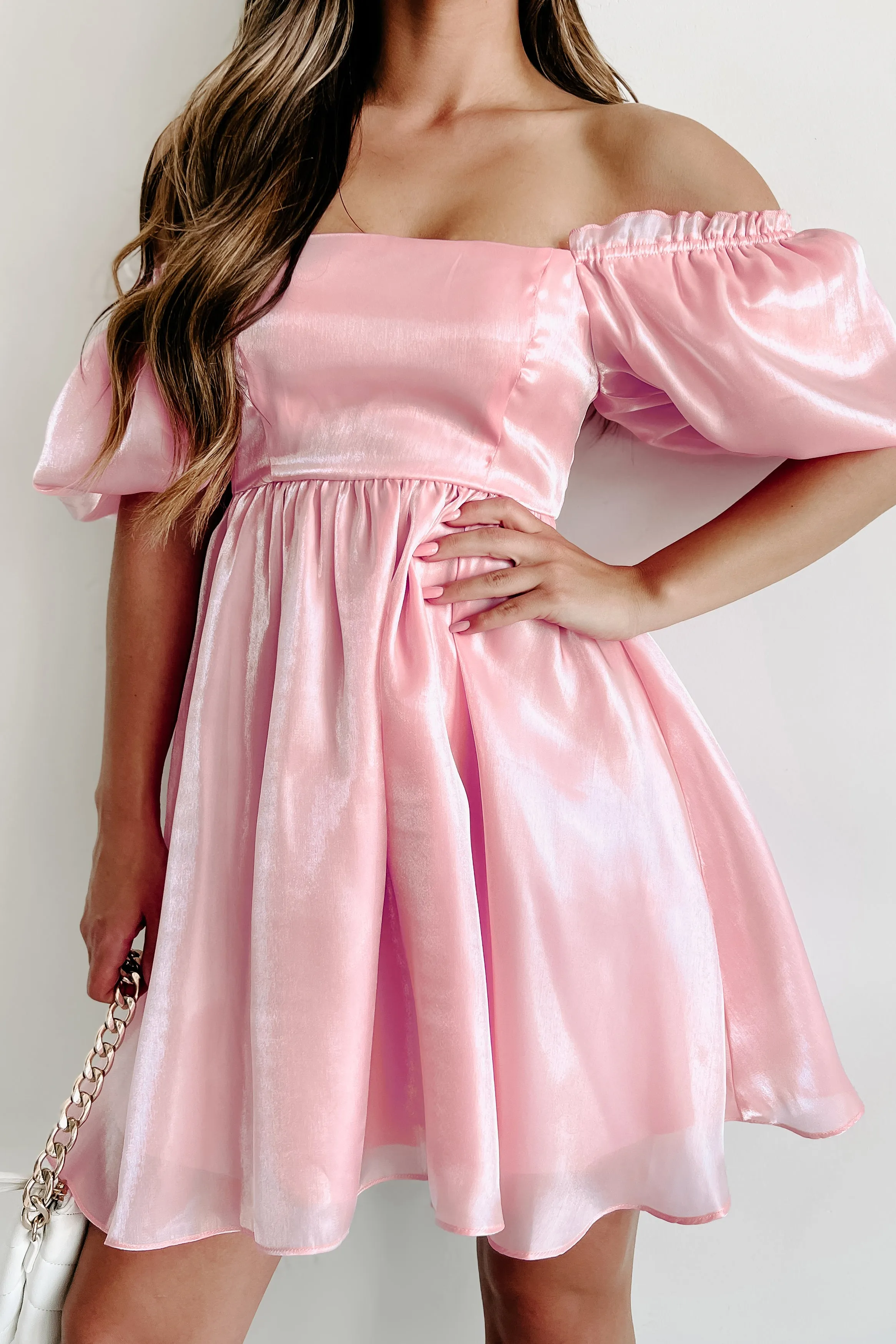 Fit For A Princess Puff Sleeve Shiny Babydoll Dress (Pink)