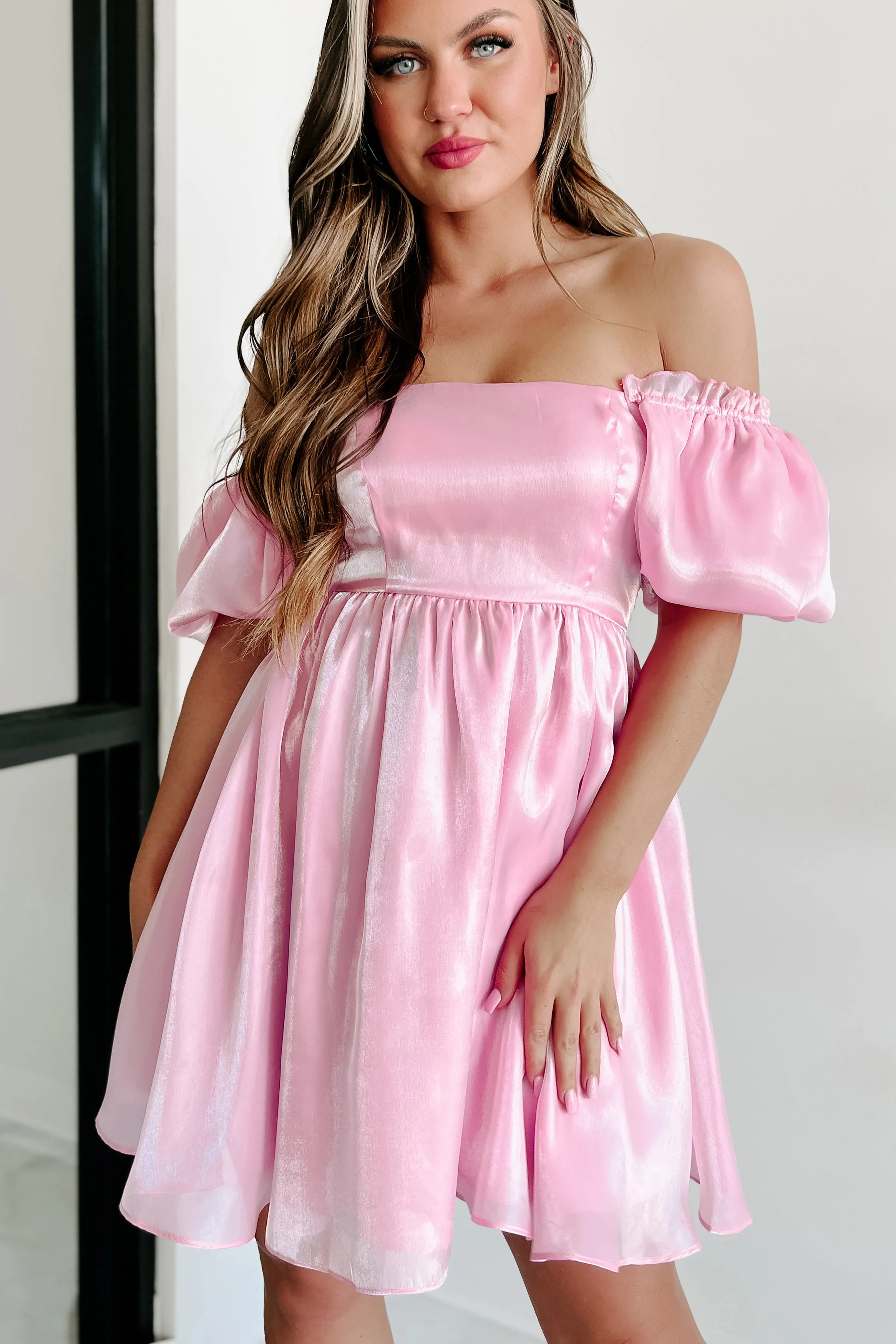 Fit For A Princess Puff Sleeve Shiny Babydoll Dress (Pink)