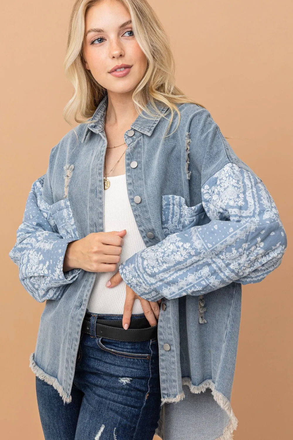 Full Size Paisley Print Quilted Sleeves Denim Jacket