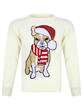 Girl's Santa Dog Novelty Sequinned Christmas Jumper in Gardenia - Merry Christmas Kids (4-12yrs)