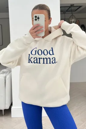 Good Karma ecru & blue premium embroidered hoodie