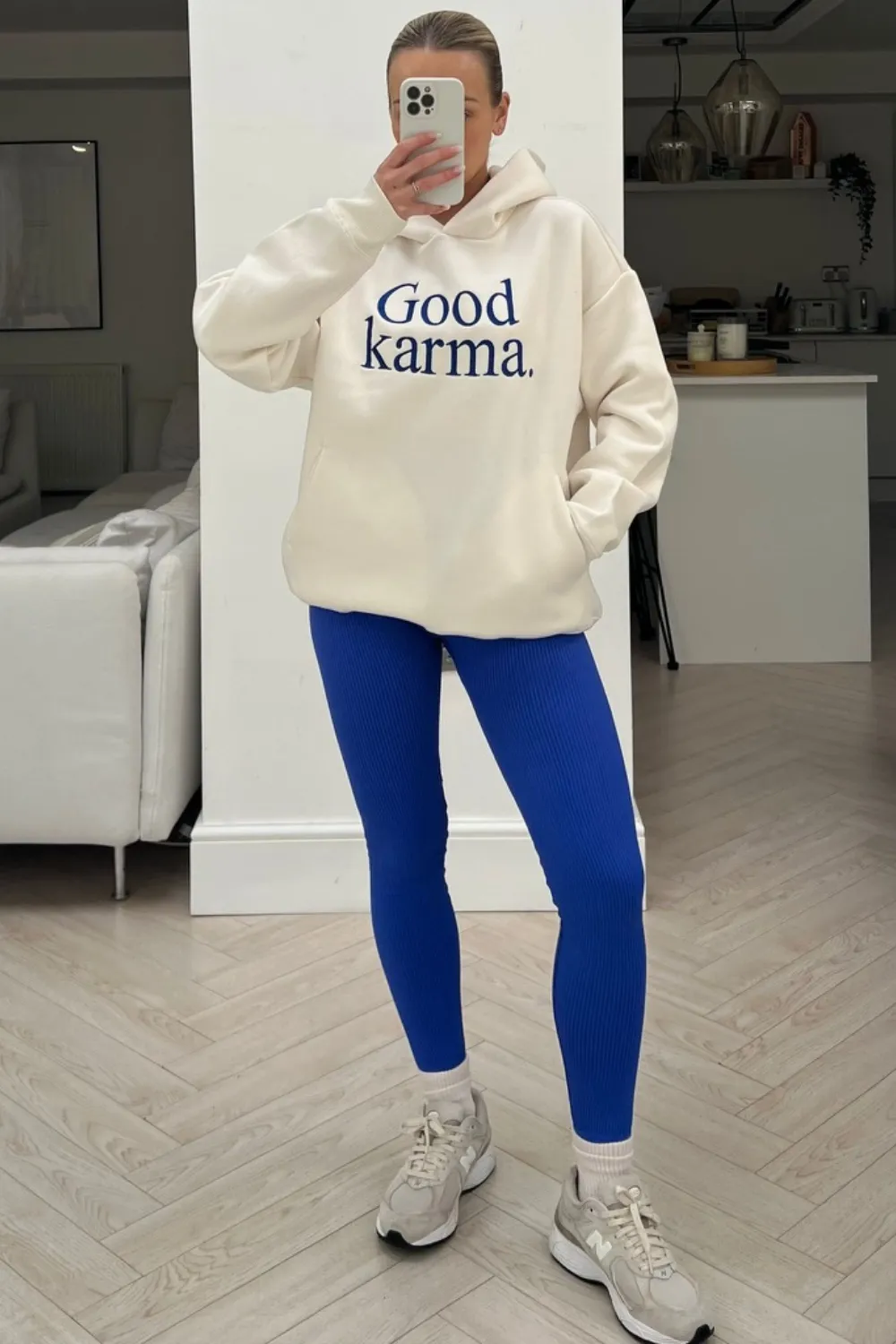 Good Karma ecru & blue premium embroidered hoodie