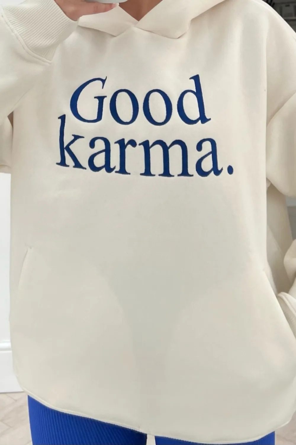 Good Karma ecru & blue premium embroidered hoodie