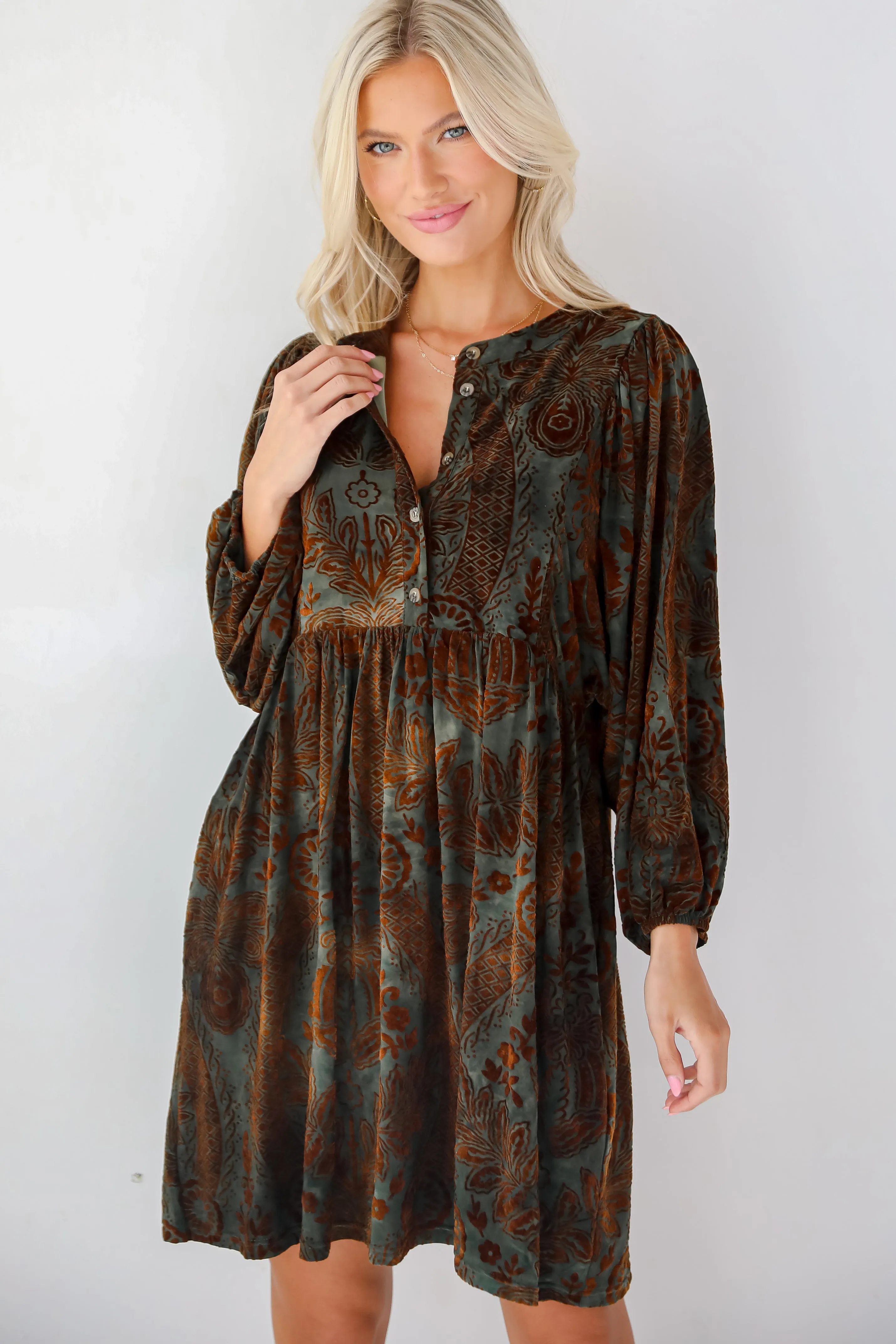 Gorgeous Whimsy Dark Green Velvet Floral Mini Dress