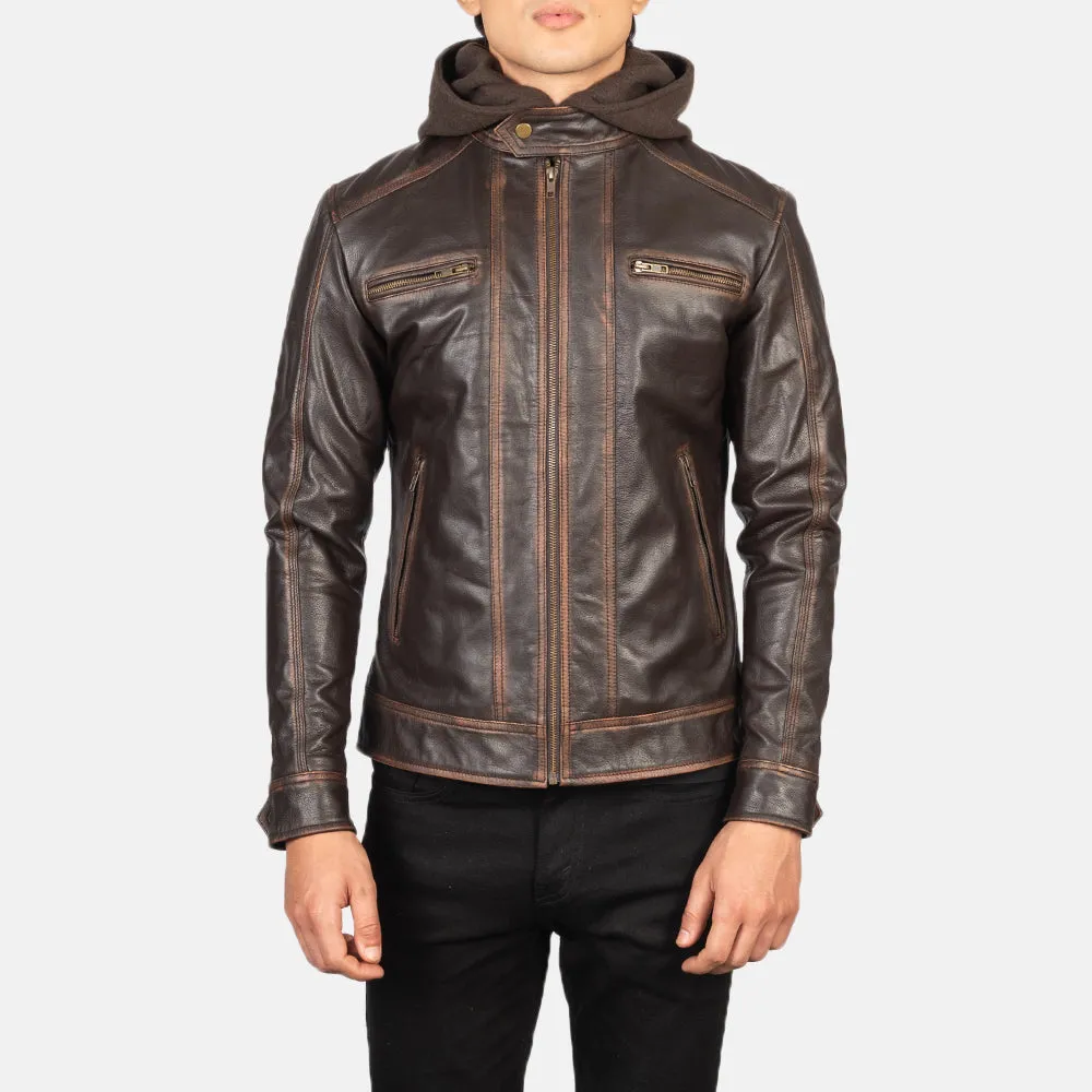 Hector Vintage Brown Hooded Leather Biker Jacket