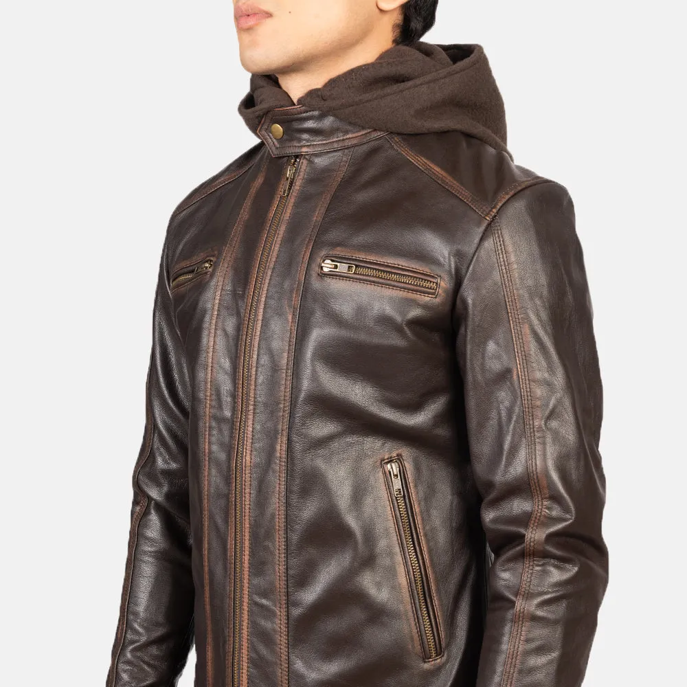 Hector Vintage Brown Hooded Leather Biker Jacket