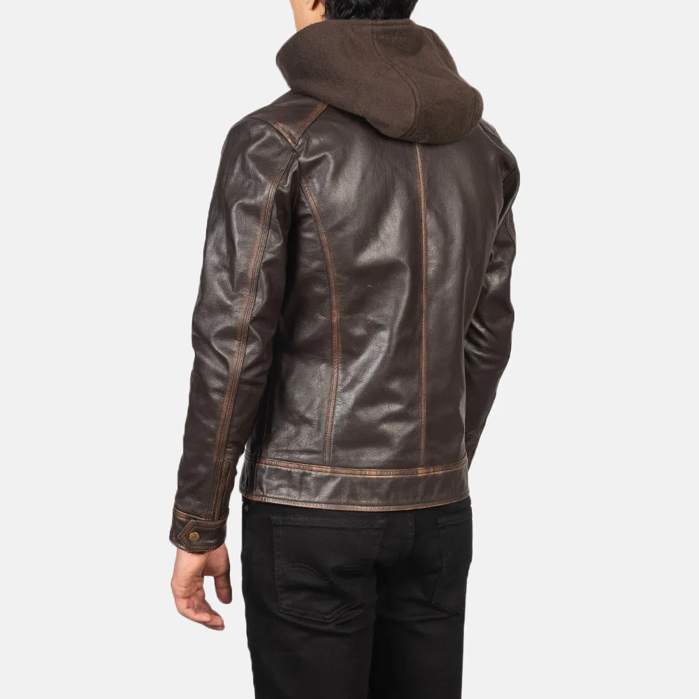 Hector Vintage Brown Hooded Leather Biker Jacket