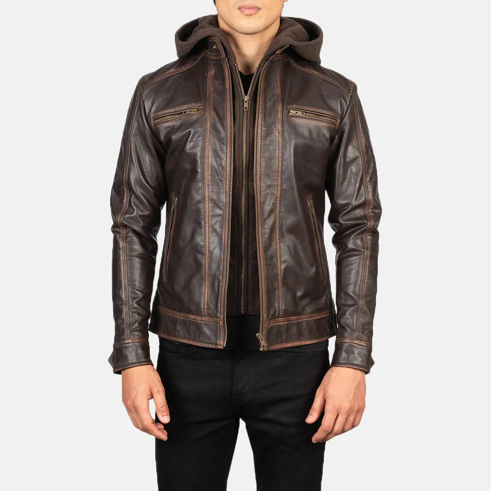 Hector Vintage Brown Hooded Leather Biker Jacket