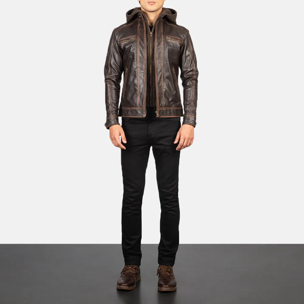 Hector Vintage Brown Hooded Leather Biker Jacket