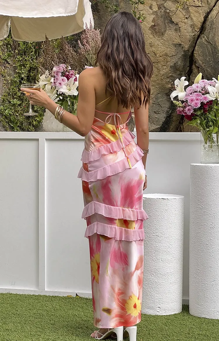 Inara Light Pink Floral Print Ruffle Maxi Dress